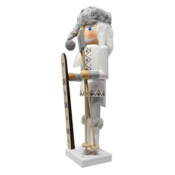 Male Skier with Noel Skis Gray Knit Hat, Ski Poles 14" Christmas Nutcracker - Picture 3 of 4